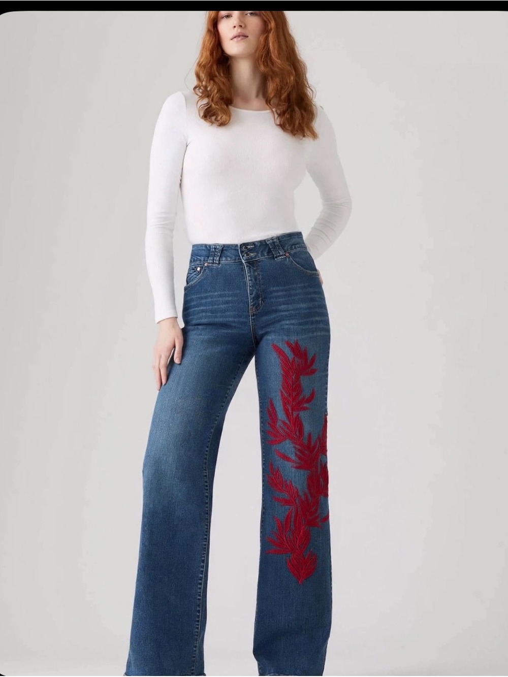 Lane Bryant Dark Blue Flare Jeans with Red Embroidered Leaf Appliqué
